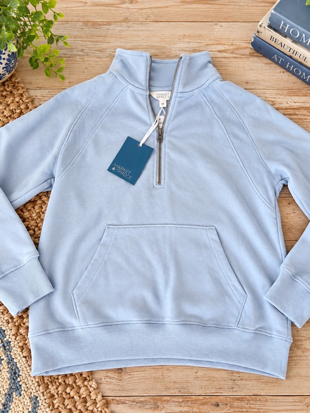 Market & Spruce Light Blue Quarter-Zip Pullover Davis Raglan Fleece S Nwt